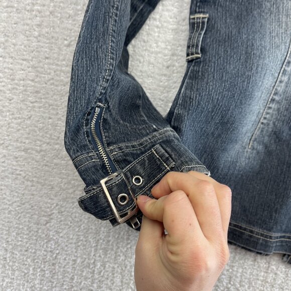 Y2K 725 Originals Dark Blue Denim Moto Cafe Racer Jacket Military Wom Sz S 2000s - Picture 11 of 13